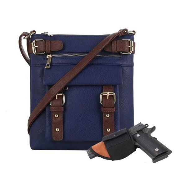 Women's Navy Blue Concealed Carry CCW Crossbody Handgun Shoulder Handbag Purse - Picture 1 of 3